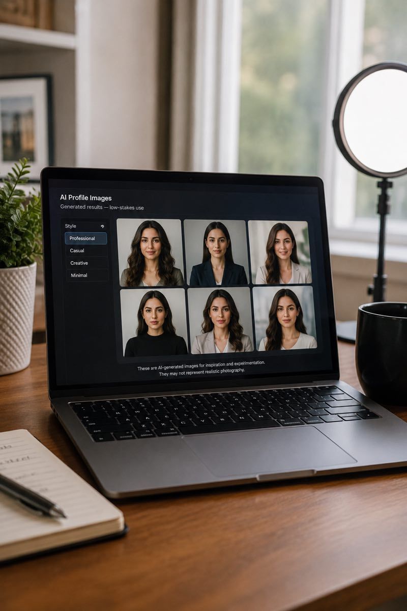 Low-stakes AI profile image variations compared with real headshot photography.