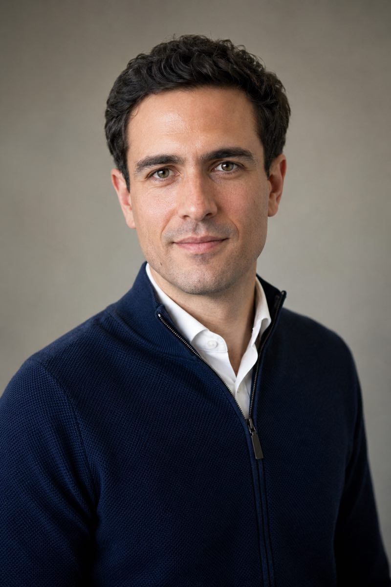 Professional headshot with a subtle branded digital background.