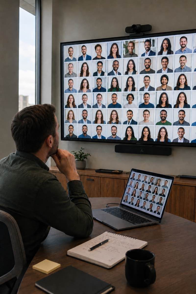 Enterprise headshot rollout grid showing consistent portraits across regions.