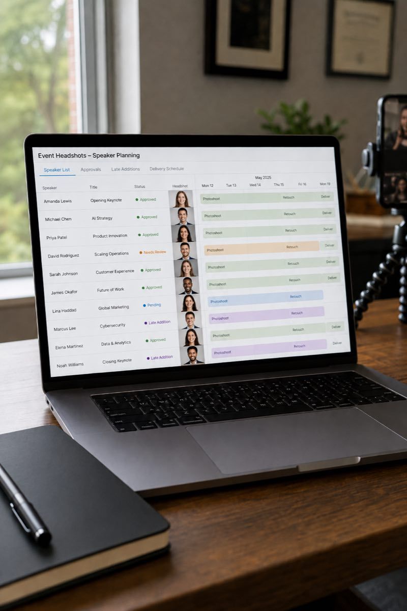 Event speaker headshot batch workflow with approvals and delivery timeline.
