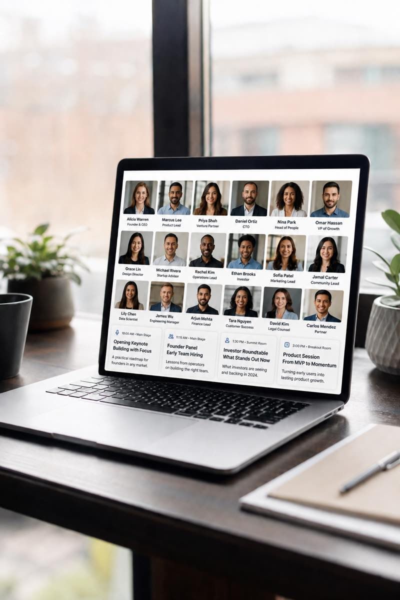 Consistent speaker headshot lineup for an event website.