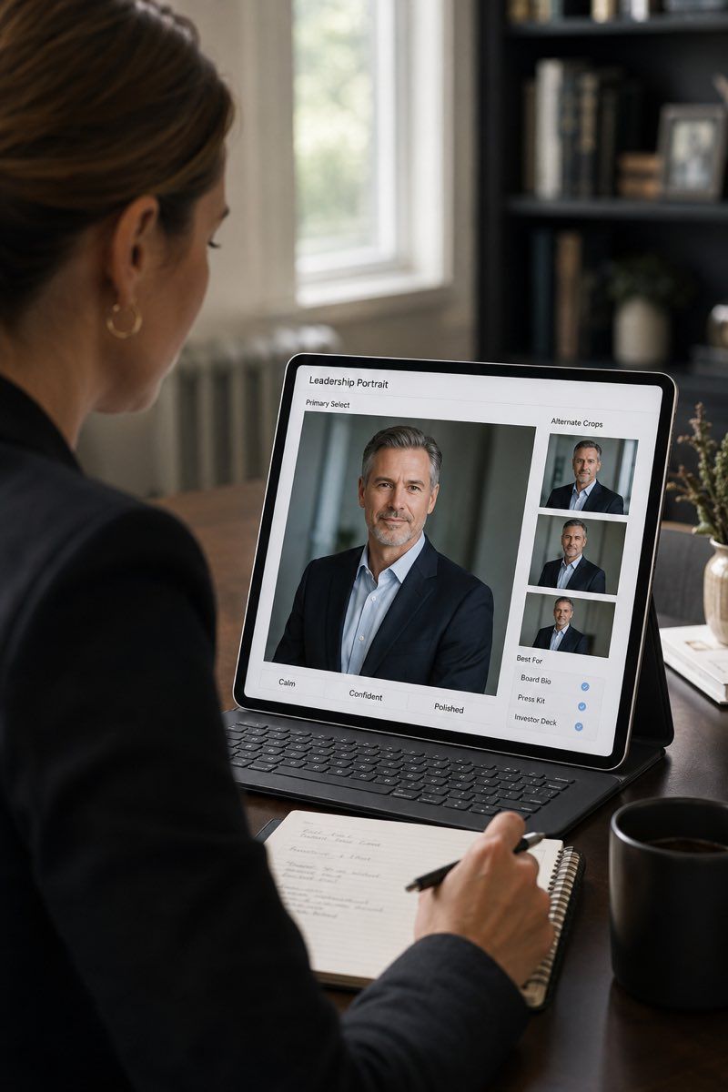 Executive portrait review showing controlled expression, posture, and tone.