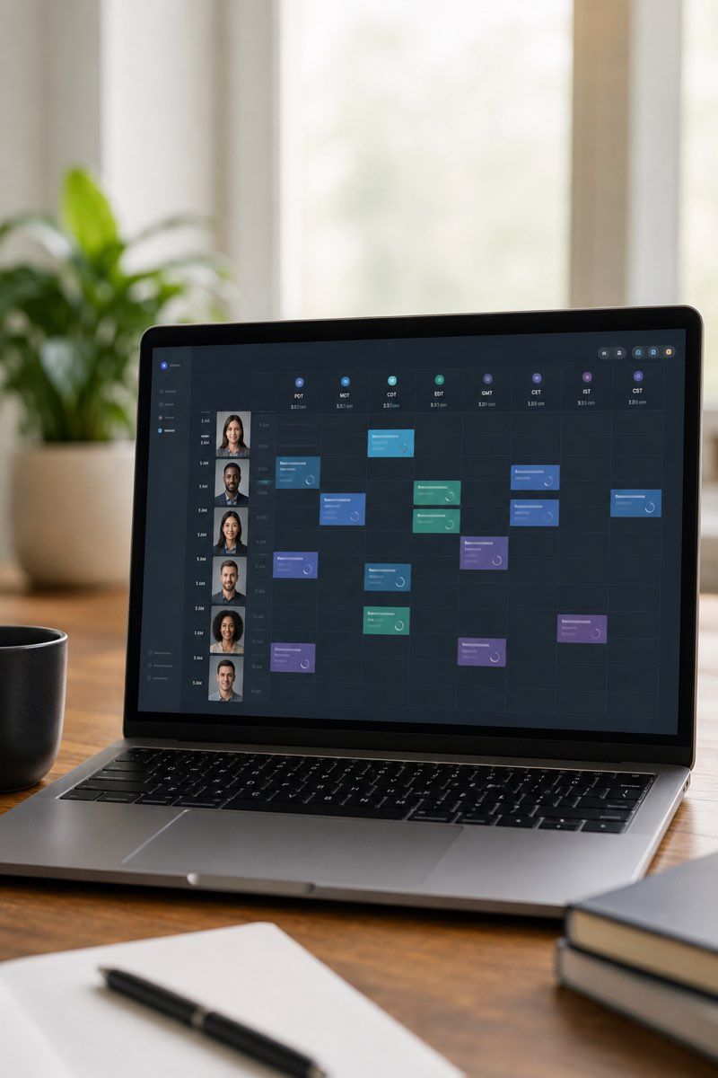Global remote headshot workflow organized across time zones.