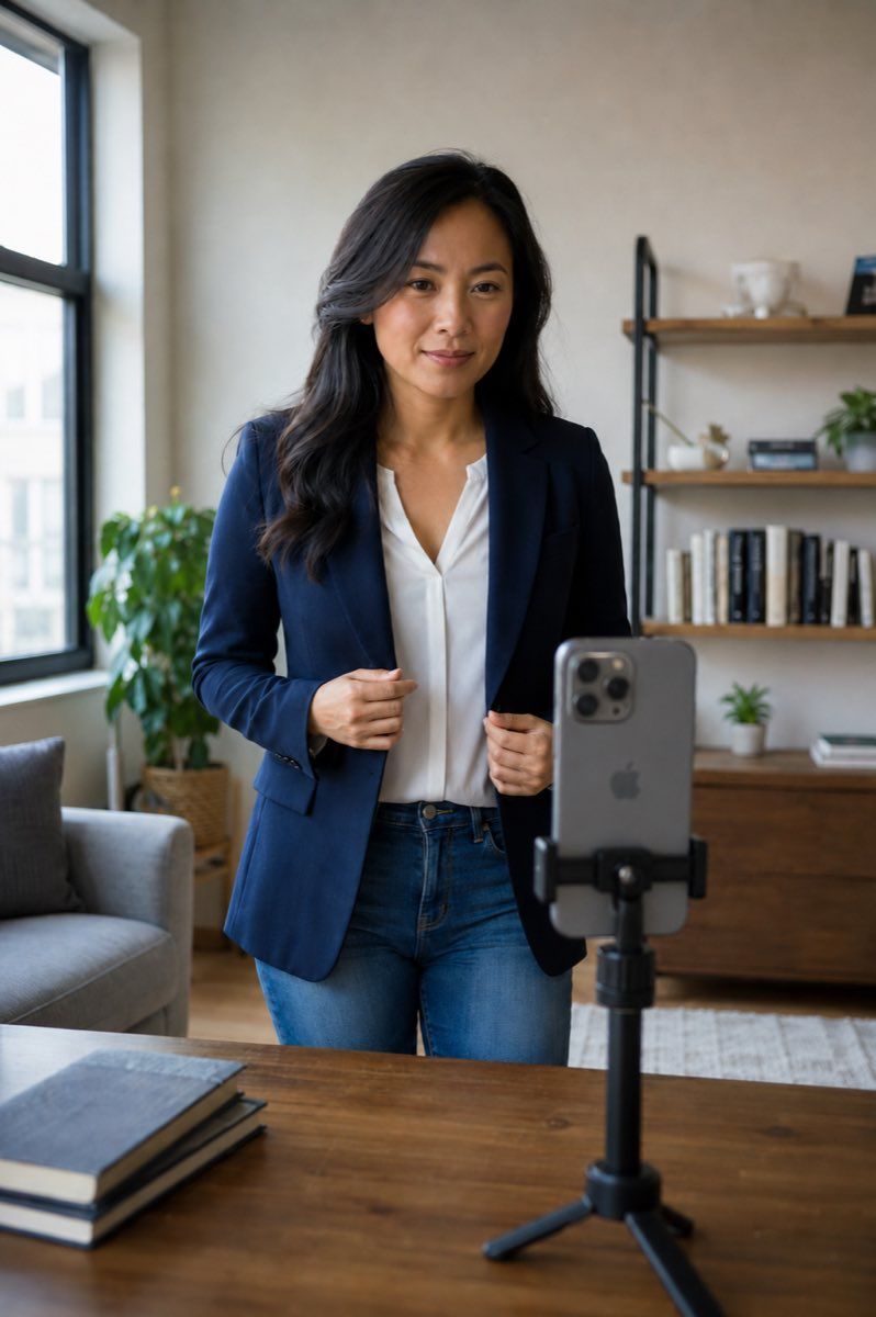 Photographer directing a remote headshot session through a phone or laptop.