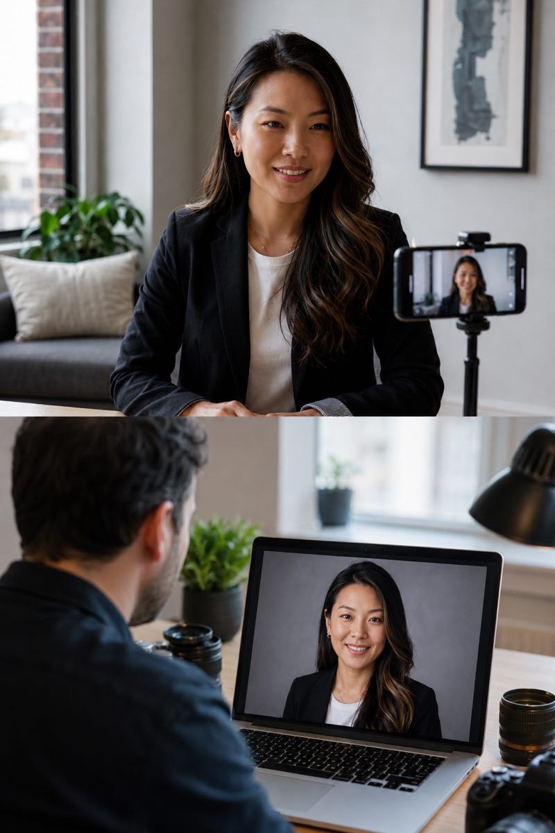 Remote headshot process showing a simple setup and finished portrait.