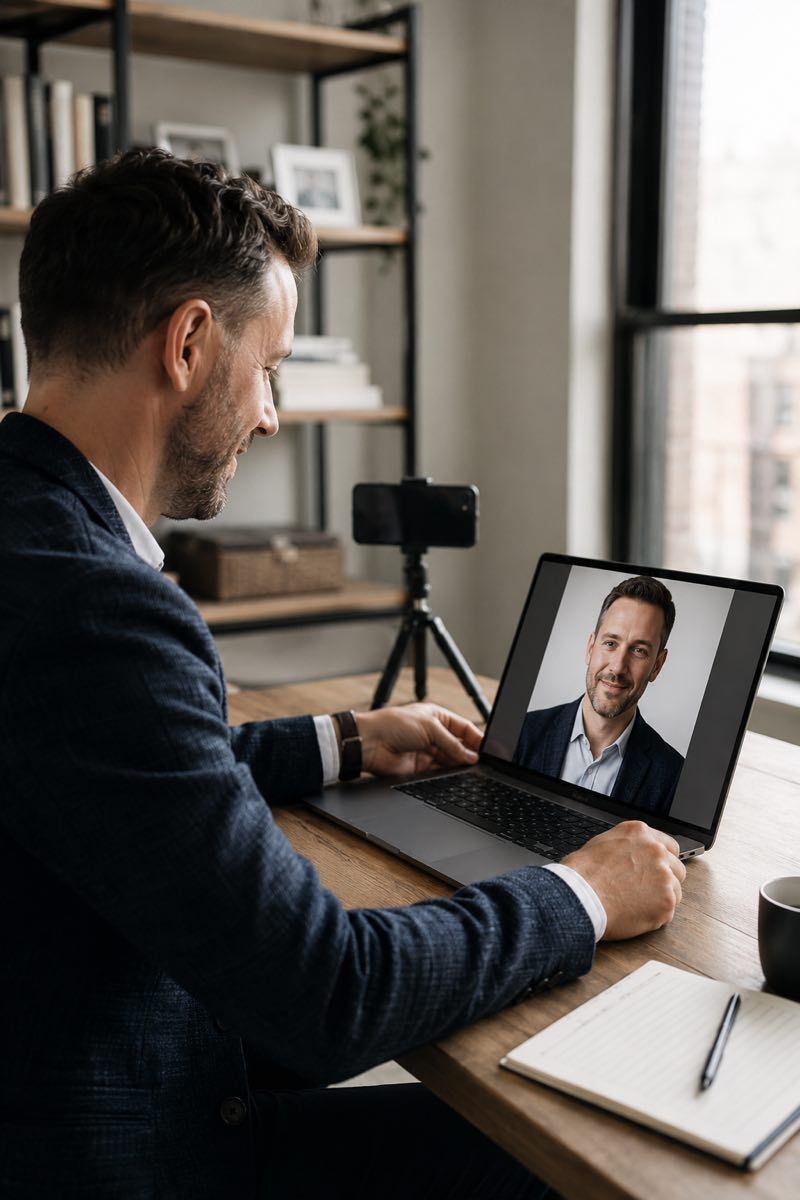Real individual remote headshot reviewed after a live photographer-led session.