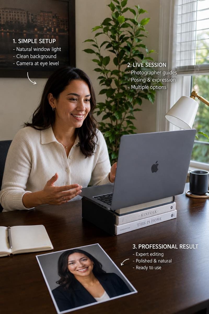 Individual remote headshot setup shown with the polished final portrait.