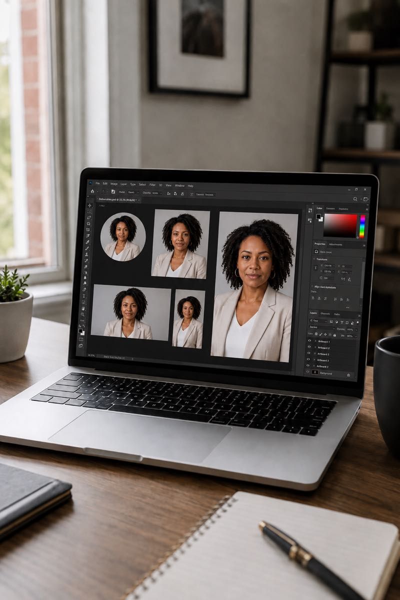 LinkedIn-ready headshot deliverables shown in multiple crop formats.