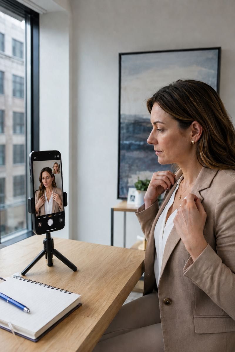 Live-directed online headshot session improving posture and expression.