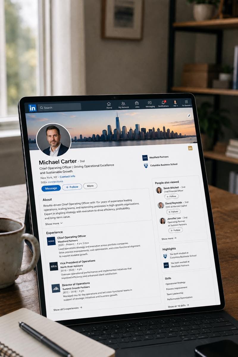 LinkedIn-ready headshot shown as both thumbnail and larger profile crop.