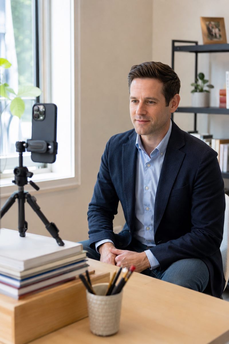 Phone positioned at eye level for a remote headshot session.
