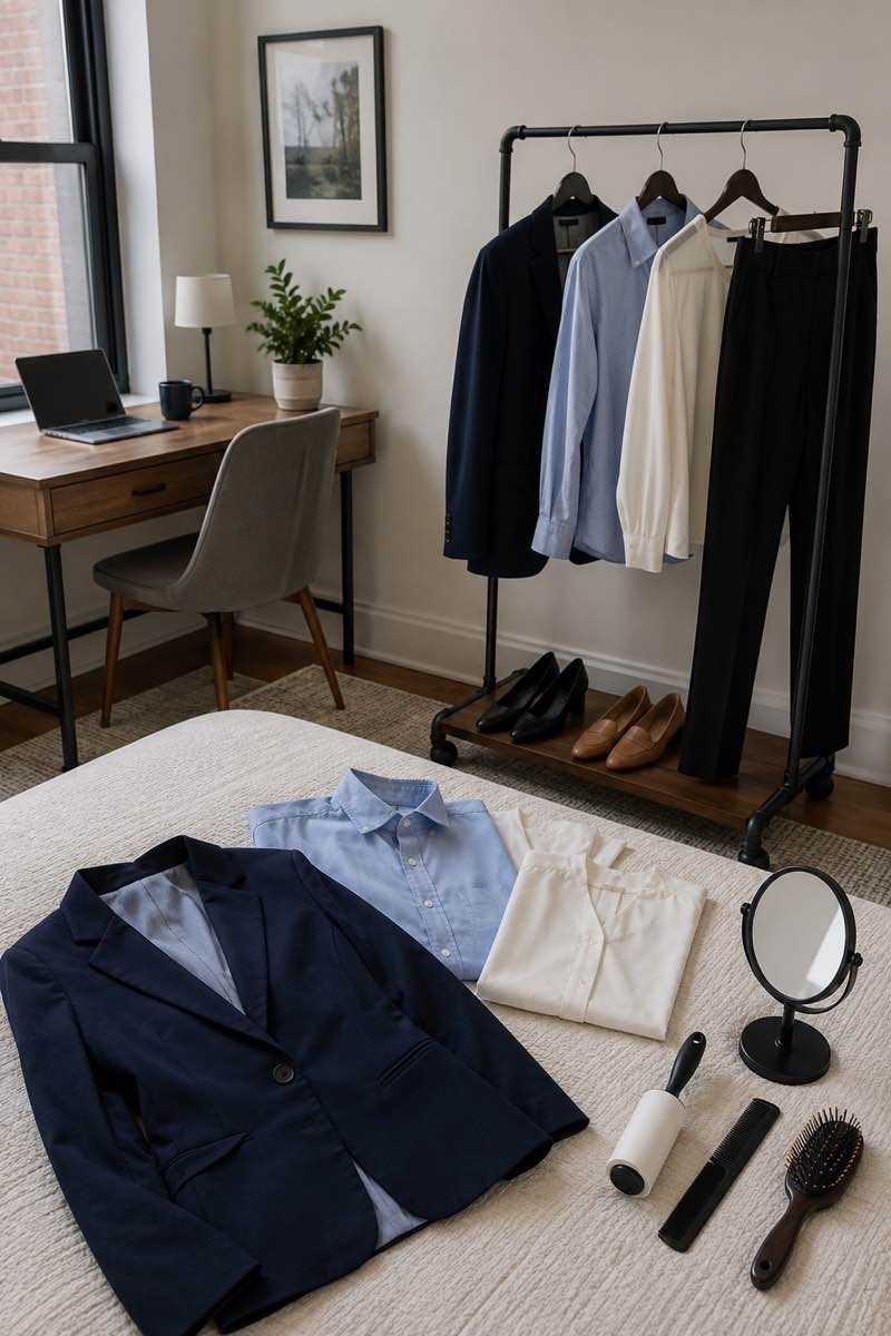 Wardrobe and grooming preparation for a professional remote headshot.