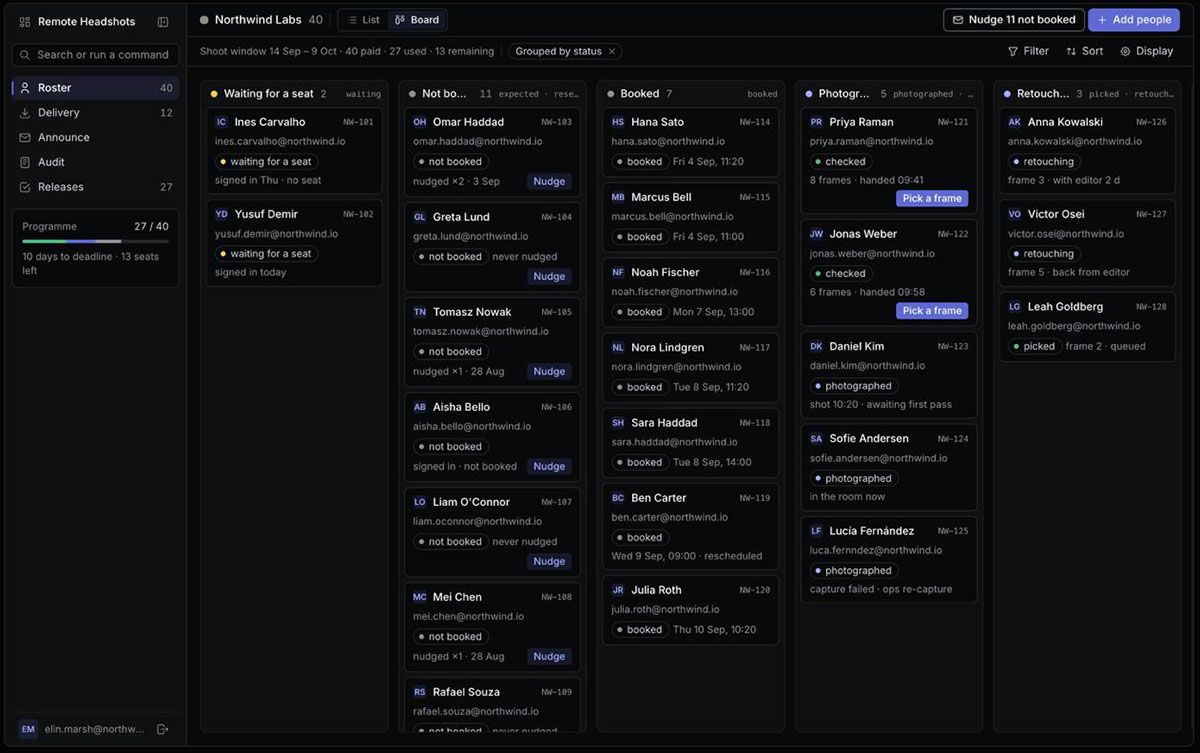 Remote Headshots company portal showing employee progress and frame selection.
