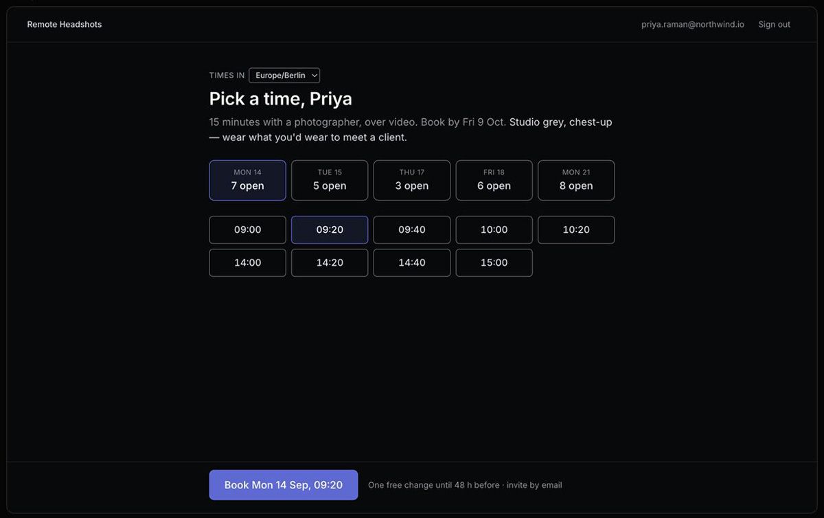 Employee scheduling in the Remote Headshots portal, with a time-zone selector and available session times.