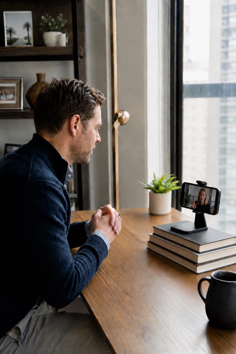 Professional remote headshot of a Dallas professional, directed live over video