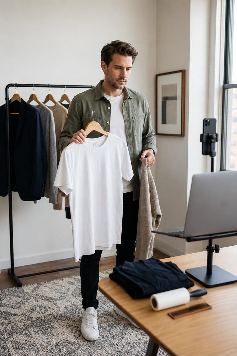 Startup headshot wardrobe and setup prepared for a remote session.