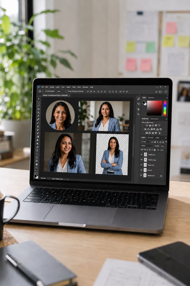 Startup headshot files prepared for website, LinkedIn, and press use.
