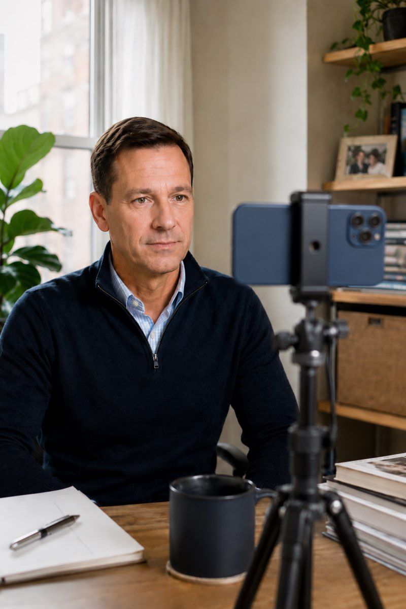 Virtual headshot session with live photographer direction in a home office.