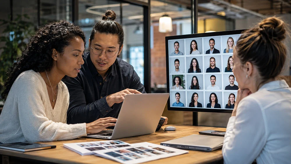 Team members reviewing a remote headshot rollout for a distributed startup launch
