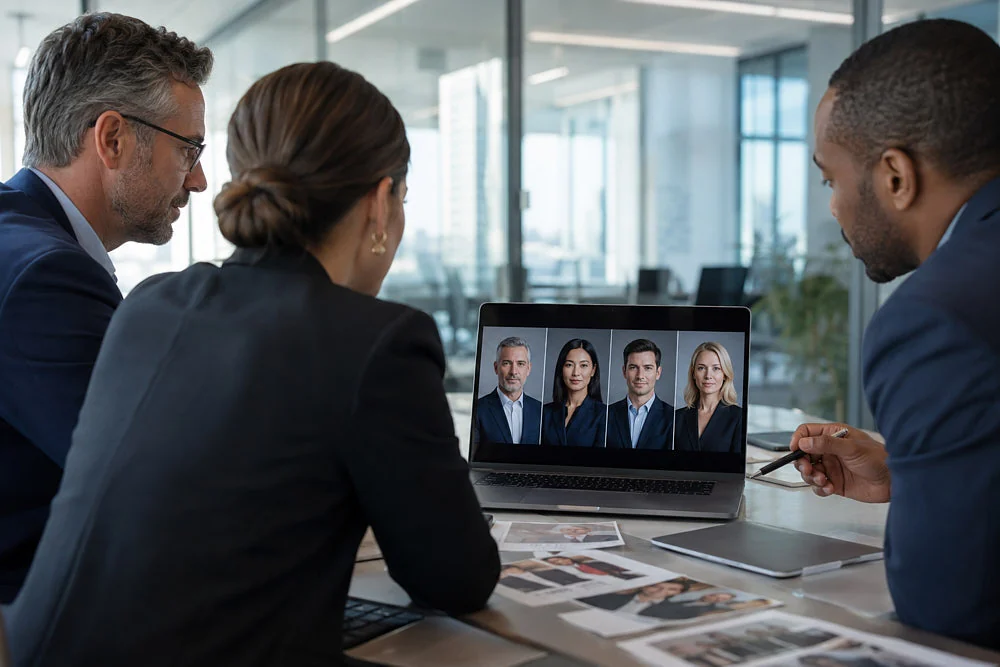 Executive team reviewing remote leadership headshots for company materials